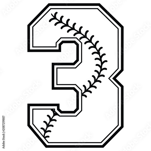Number three with baseball stitching black and white vector illustration.