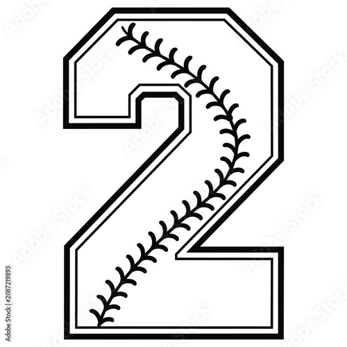 Number two with baseball stitching black line art silhouette.