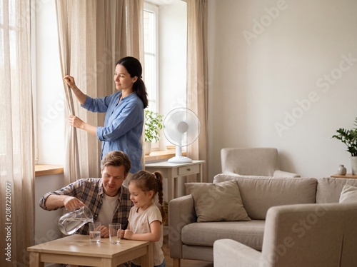 Family keeping cool at home during hot summer weather