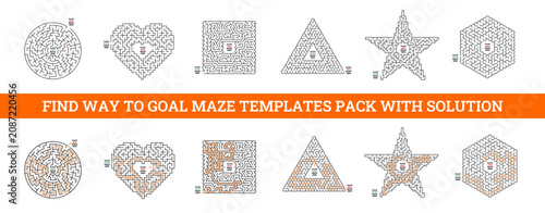 Obraz na plátně Basic geometric labyrinth maze game activity pack: round, heart shaped, square,