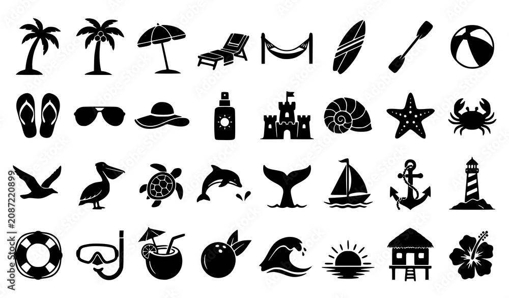 Obraz premium Black Beach Silhouette Collection Featuring Tropical Coastal Nature and Vacation Icons Vector Set