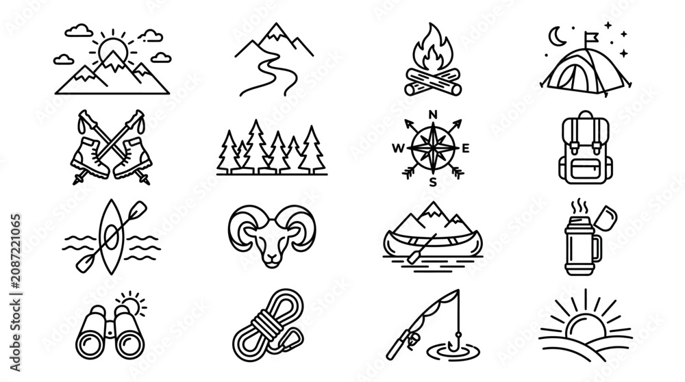Fototapeta premium Camping and outdoor adventure travel icons.