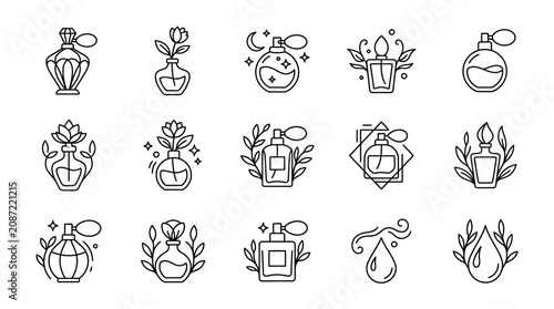 Various perfume bottles and flowers.