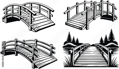 Collection of traditional japanese wooden bridges, ideal for garden designs and architectural themes