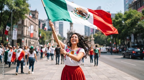 Young woman in traditional Mexican attire joyfully waves the Mexican flag during a festive celebration on a busy street with people and decorations in the background