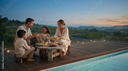 Happy family having dinner on a wooden terrace by the pool at sunset.