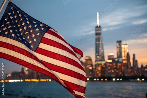 American flag with new york city skyline at dusk