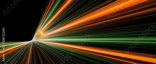 Streaking orange and green light trails against black
