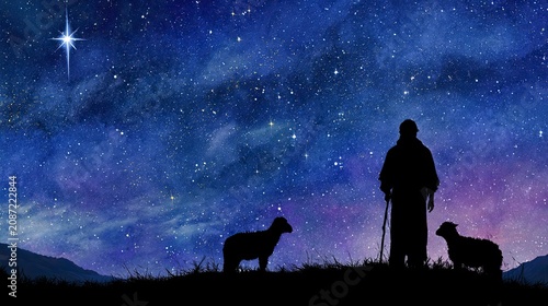 Starry night sky above shepherd and sheep on a grassy hill