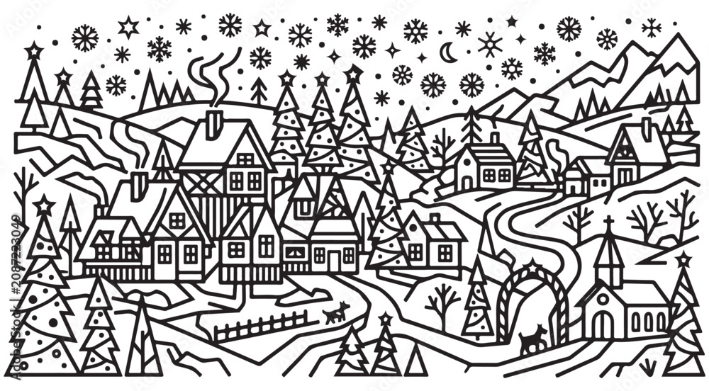 Fototapeta premium Black and white line art vector of a winter village landscape with snowy mountains, pine trees, houses, and snowflakes for coloring book page