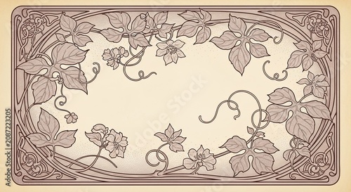 Art Nouveau floral frame with vine leaves and blossoms, vintage decorative border