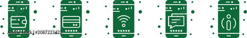 Photos Five green mobile app icons with different functions