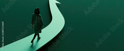 Woman walks on bright arrow path towards future
