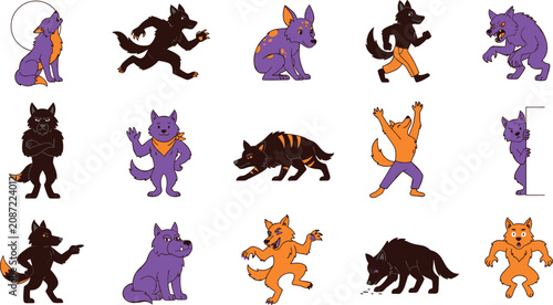 Bild auf Leinwand Halloween werewolf character icon collection featuring cute cartoon wolf monster