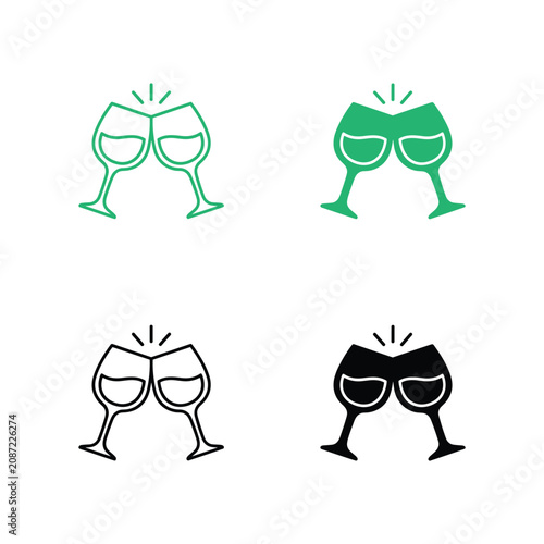 Collection of clinking wine glasses icons representing celebration and social gatherings with clean line art and solid fill styles for events and hospitality industry vector graphics
