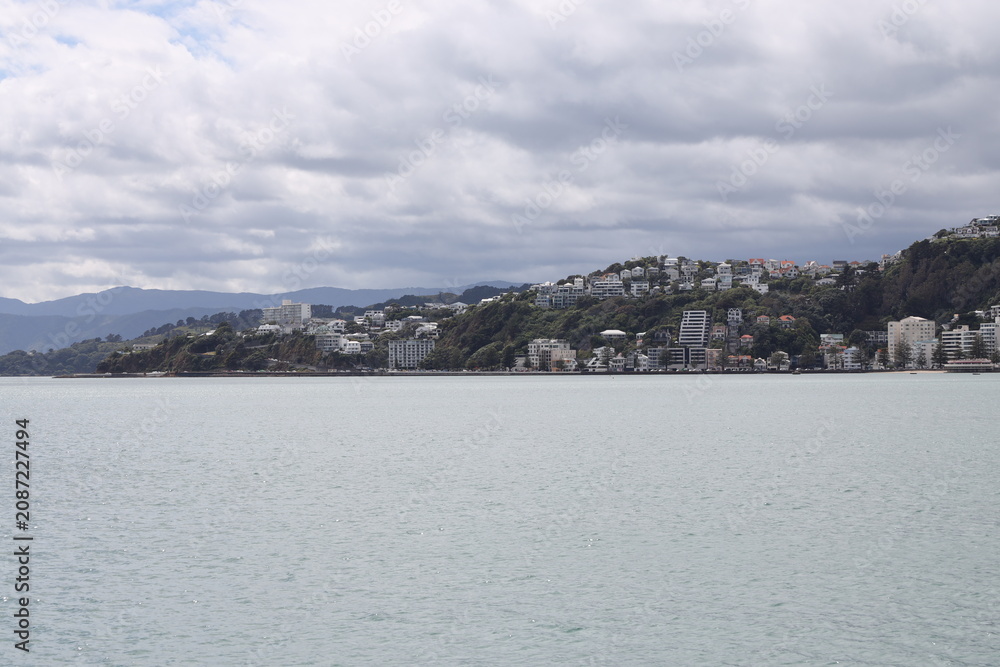 Fototapeta premium harbourfront (waterfront) tableau, water, warehouses, wharfs, distant shores under leaden gray overcast skies (wide-angle, panorama, landscape) 4797