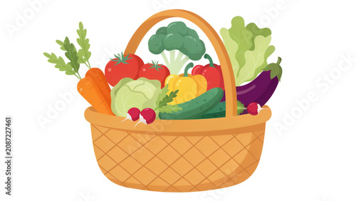Fotografía Colorful fresh fruits and vegetables in a woven basket illustration