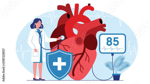 Bild auf Leinwand Cardiovascular health concept illustration with doctor examining anatomical hear