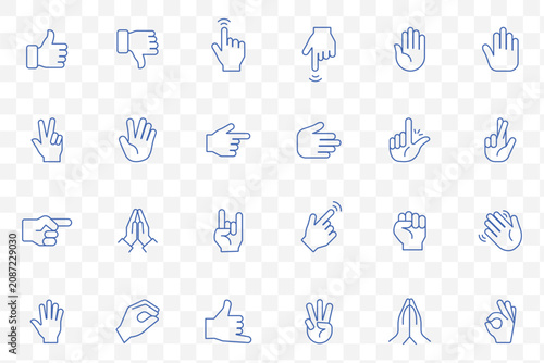 Hand gestures icon set. Contains such icons as handshake, clapping hands, horns, thumb up finger, middle finger, helping hand, heart, fingers crossed, fist, direction, like, unlike and more 