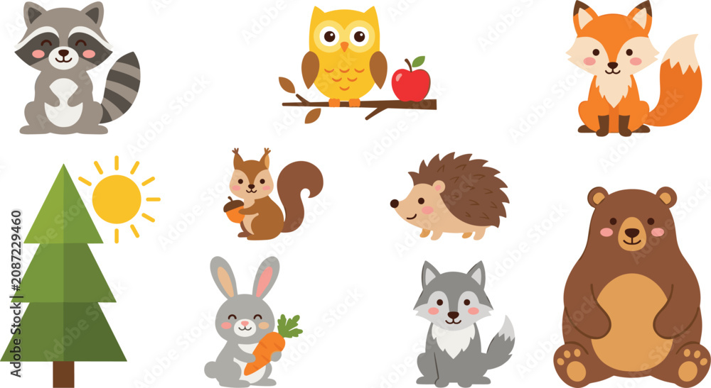 Naklejka premium Cute Woodland Forest Animals Vector Illustration Set Featuring Kawaii Cartoon Bear Fox Raccoon Owl and Rabbit for Baby Nursery and Children Designs