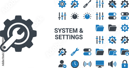 System and Settings Vector Icon Set Featuring Gears, Wrenches, Sliders, Folders, and Tools for Web Design, UI Development, and App Interfaces