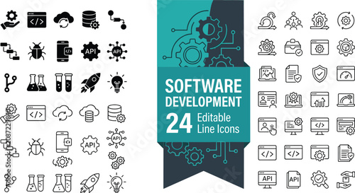 Software Development Vector Icon Set with Coding API Cloud Database Bug Tracking Agile and Web Programming Symbols for Apps and Websites