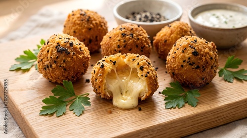 Crispy Cheese Stuffed Arancini Balls with Melted Cheese Pull and Fresh Parsley on Wooden Board Light Background Gourmet Appetizer Food Photography