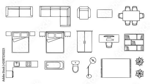 Collection of top view furniture blueprint icons and architectural floor plan symbols isolated on white background for interior layout design vector illustration