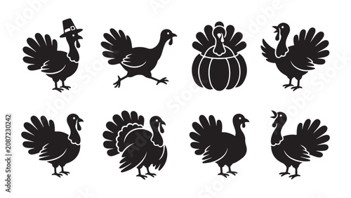 Collection of Eight Thanksgiving Turkey Silhouettes in Different Actions