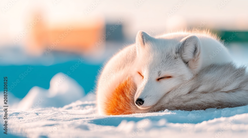 Fototapeta premium Arctic Fox Curled in a Tight Ball on Frozen Tundra in the Winter Landscape