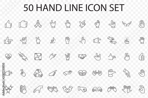 50 Outline hands icon set illustrating human gestures and finger signs in modern linear vector style