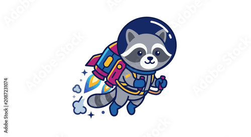 Foto Cute Raccoon Astronaut Flying in Space Rocket
