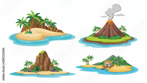 Bild auf Leinwand Four cartoon islands with volcanoes erupting in a tropical ocean setting