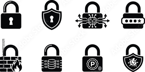 Cybersecurity Lock Icon Set with Encryption Authentication and Digital Security Symbols
