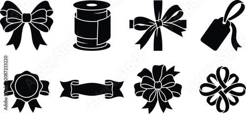Decorative Ribbon Bow and Gift Wrapping Silhouette Icon Set with Elegant Packaging Elements