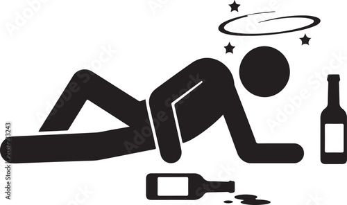 Foto Drunk man stick figure icon, intoxicated person lying on floor with alcohol bott