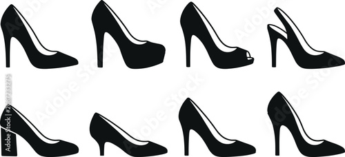 Elegant High Heel Shoe Silhouette Vector Collection with Classic Pump and Fashion Footwear Designs