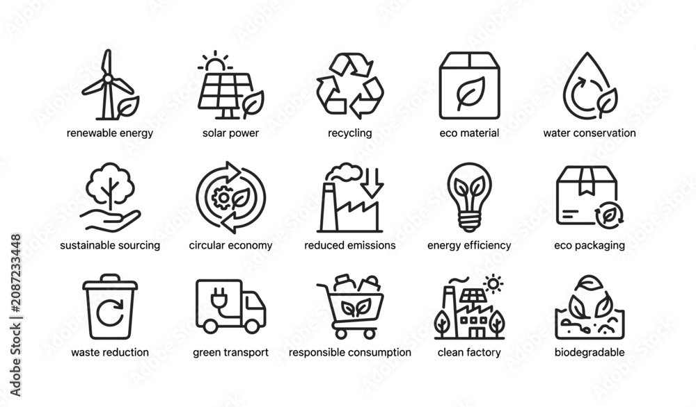 Fototapeta premium Eco and renewable energy icons illustrating sustainability concepts