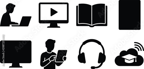Online Education and E Learning Icon Set with Digital Learning and Virtual Classroom Symbols