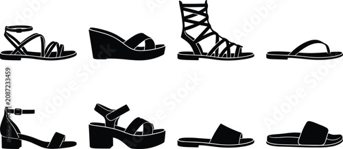 Women Sandals Silhouette Vector Collection with Flat Wedge Platform and Gladiator Footwear Designs