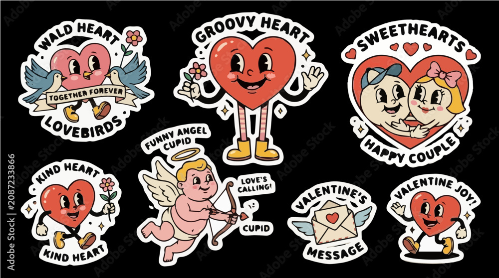 Naklejka premium Heart Sticker Set Cartoon vintage romantic Valentines day sticker, groovy hearts with leg and hands. Cute 30s love funny angel cupid and happy couple. SVG cut out