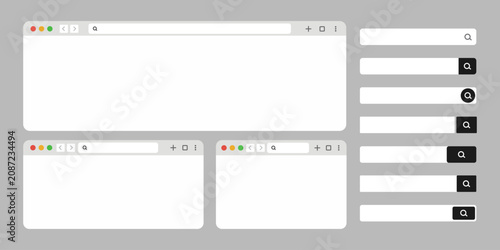Modern browser interface mockup with search bar collection. Minimal web browser windows and UI search elements. Flat vector illustration.