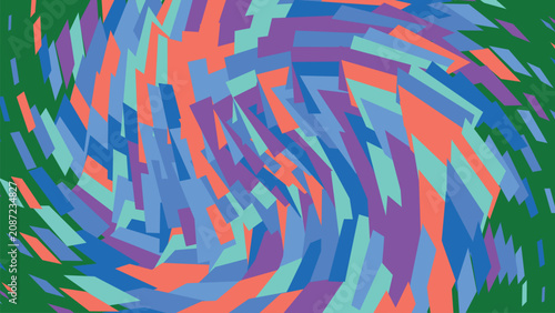 Foto Twisted geometric vortex wallpaper with vibrant orange blue teal purple rectangular shapes creating intense spiraling motion illustration
