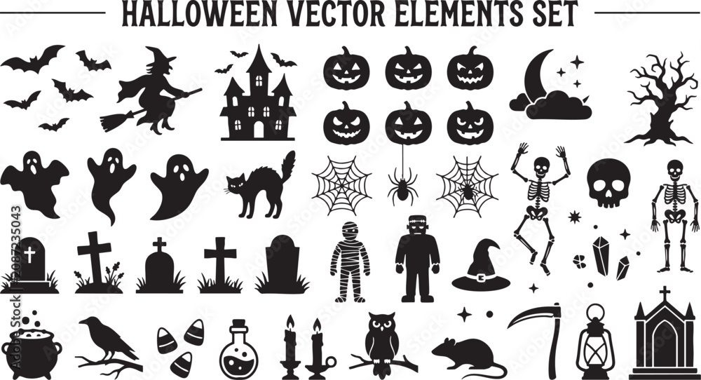 Obraz premium Halloween vector elements set spooky black icons for halloween decorations and designs