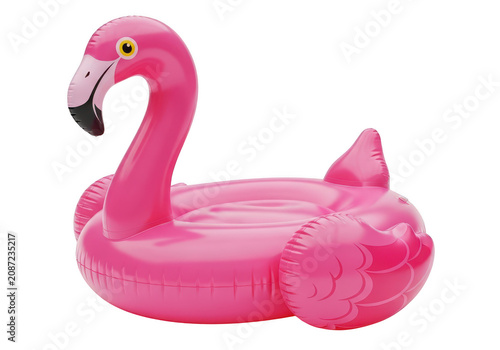 Pink flamingo inflatable pool float on beach