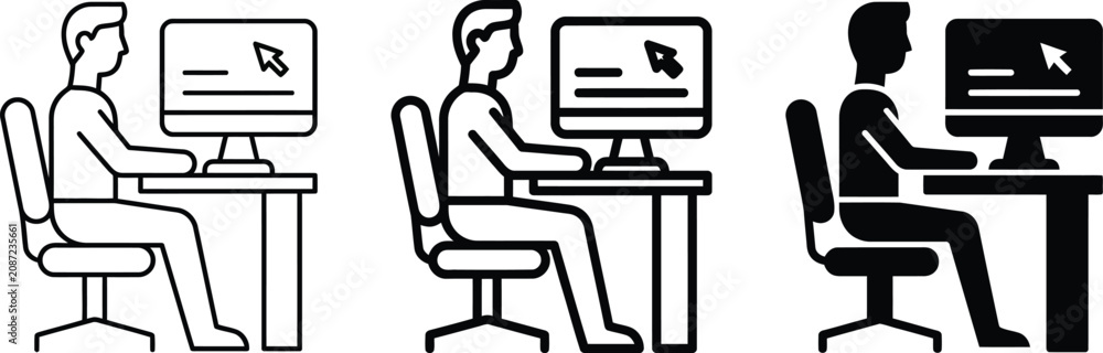 Fototapeta premium Three people sitting at desks working on computers with monitors office workers using PCs