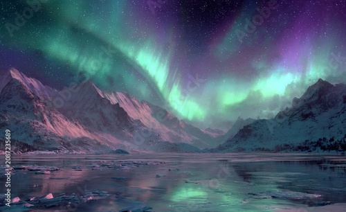 Aurora borealis over frozen lake and mountains at night with borealis, northern