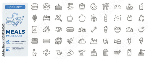 Meals, fast food and restaurant cuisine icons. Food, beverages and dining thin line icon set. Editable stroke vector illustrations.