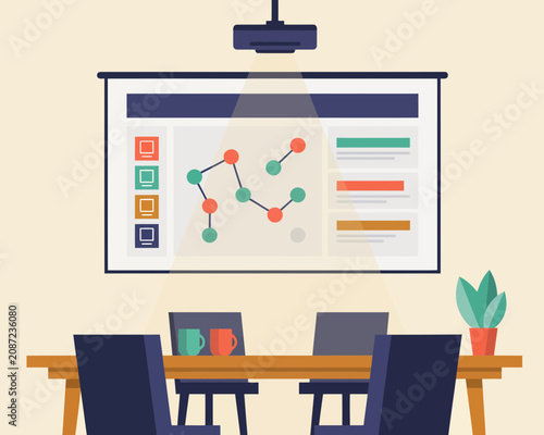 Business Presentation with Data Charts on Projection Screen in Meeting Room