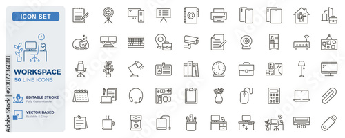 Workspace, office equipment and remote work icons. Office supplies, desk accessories and workplace essentials thin line icon set. Editable stroke vector illustrations.